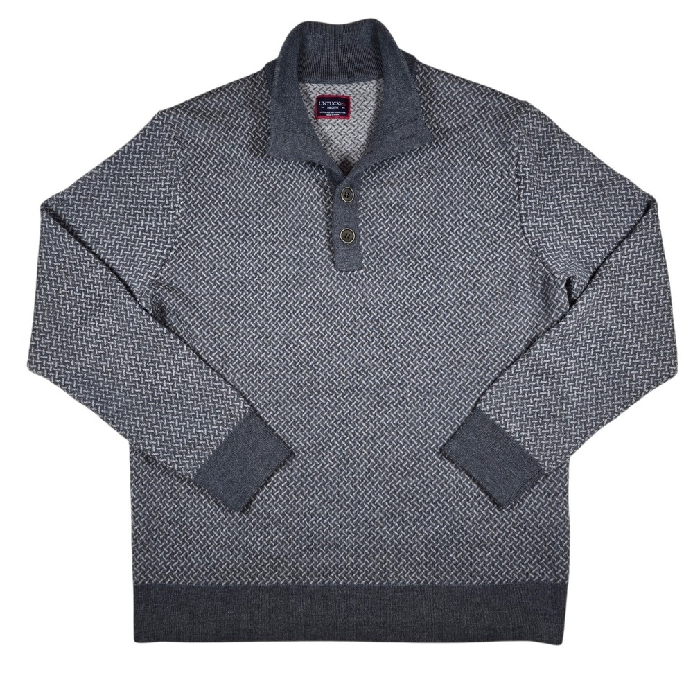 UNTUCKit Gray Geometric Print Button Mock Neck 100% Merino Wool Sweater Men's M
